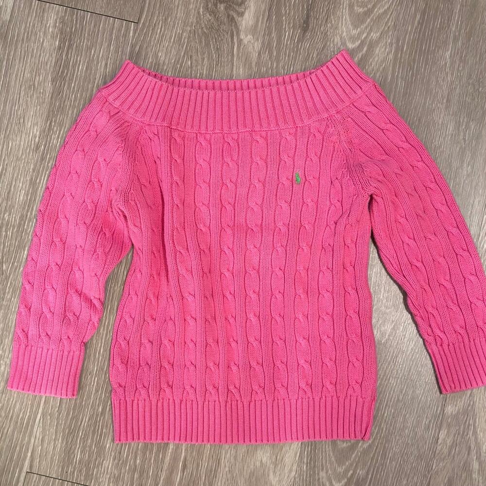 VTG Polo Ralph Lauren Pink Cable Knit Off-Shoulder Sweater Green Pony Y2K Preppy - Picture 3 of 3